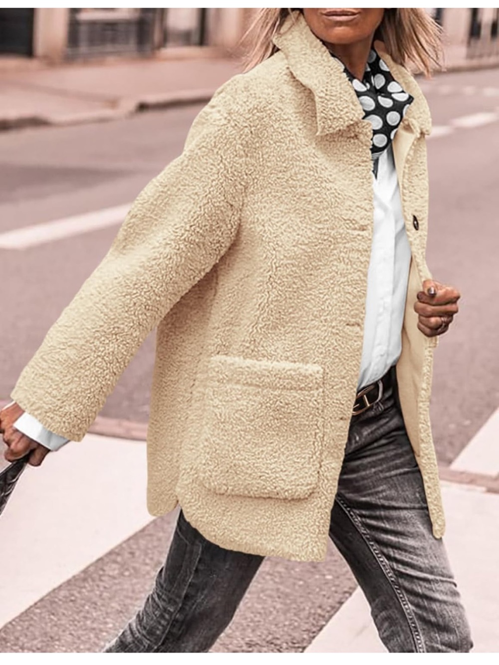 Cozy Cream Teddy Jacket for Women - Button Front Sherpa Coat - Picture 5 of 6